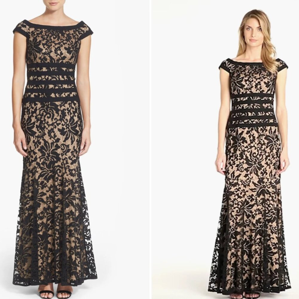 Tadashi Shoji Black Lace and Nude Evening Dress